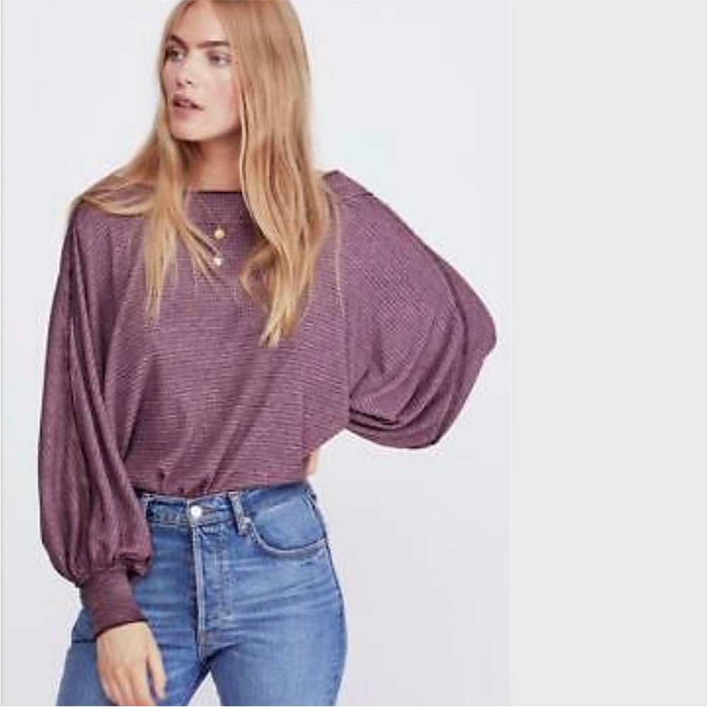 We The Free Willow Oversized Boat Neck Bubble Sleeve Slouchy Purple Thermal